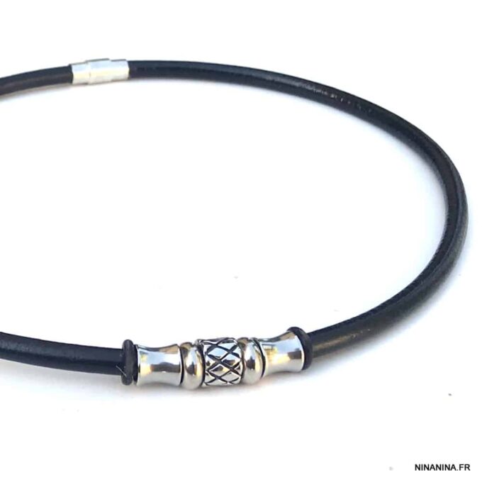 N7328f Collier ras de cou cuir homme acier inoxydable argenté - Bijoux Colliers en ligne Ninanina