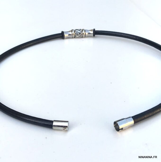 N7328g Collier ras de cou cuir homme acier inoxydable argenté - Bijoux Colliers en ligne Ninanina