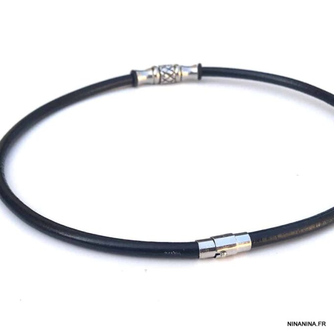 N7328h Collier ras de cou cuir homme acier inoxydable argenté - Bijoux Colliers en ligne Ninanina