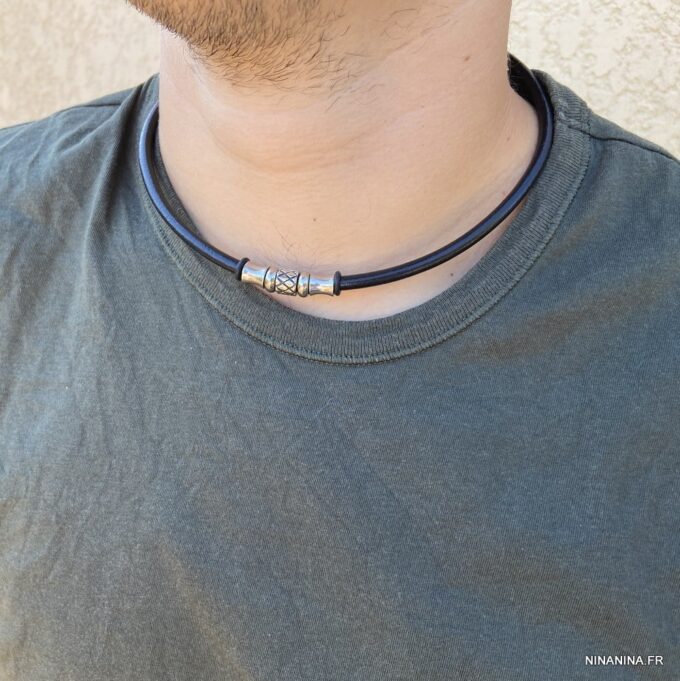N7328j Collier ras de cou cuir homme acier inoxydable argenté - Bijoux Colliers en ligne Ninanina