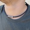 N7328k Collier ras de cou cuir homme acier inoxydable argenté - Bijoux Colliers en ligne Ninanina