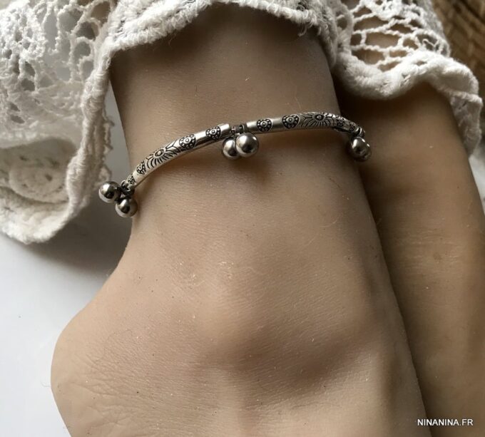N7202a Bracelet cheville femme indien métal et acier argent - Bijoux de pied en ligne Ninanina