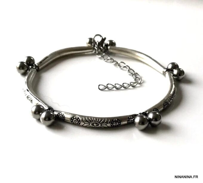 N7202f Bracelet cheville femme indien métal et acier argent - Bijoux de pied en ligne Ninanina