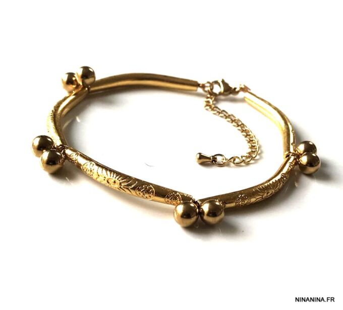 N7340a Bracelet pied indien doré femme perles tube gravées - Bijoux de pieds en ligne Ninanina