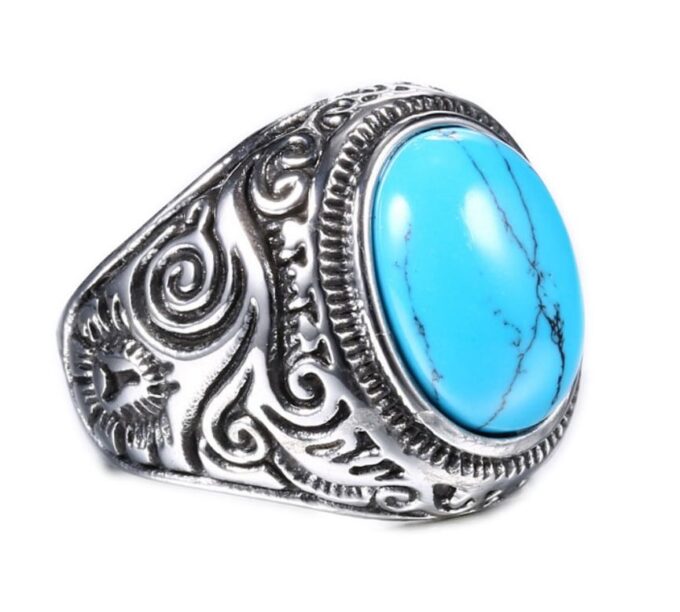 N7341 Bague homme acier inoxydable chevalière pierre bleu turquoise - Bijoux Bagues en ligne Ninanina