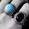 N7341h Bague homme acier inoxydable chevalière pierre bleu turquoise - Bijoux Bagues en ligne Ninanina