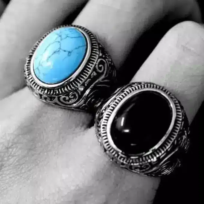 N7341h Bague homme acier inoxydable chevalière pierre bleu turquoise - Bijoux Bagues en ligne Ninanina