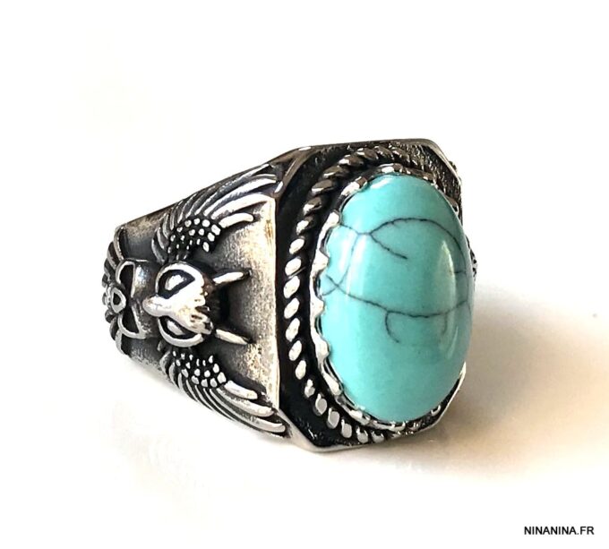 N7342 Chevaliere homme acier inoxydable pierre bleu turquoise - Bijoux Bagues en ligne Ninanina