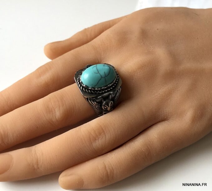 N7342a Chevaliere homme acier inoxydable pierre bleu turquoise - Bijoux Bagues en ligne Ninanina