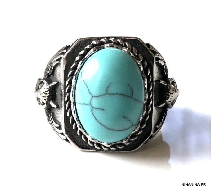 N7342b Chevaliere homme acier inoxydable pierre bleu turquoise - Bijoux Bagues en ligne Ninanina