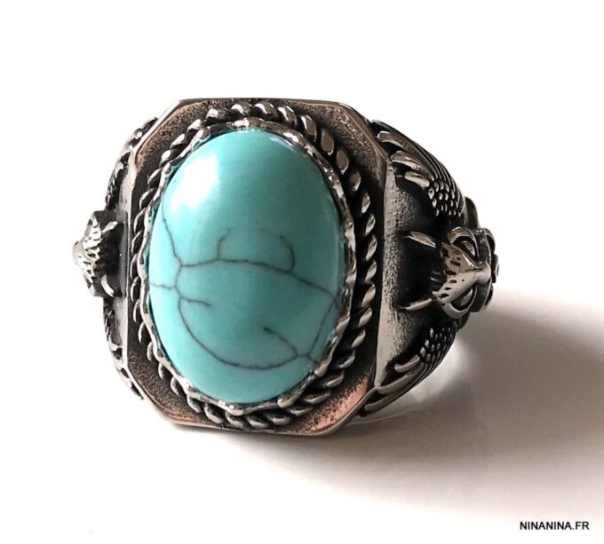 N7342c Chevaliere homme acier inoxydable pierre bleu turquoise - Bijoux Bagues en ligne Ninanina
