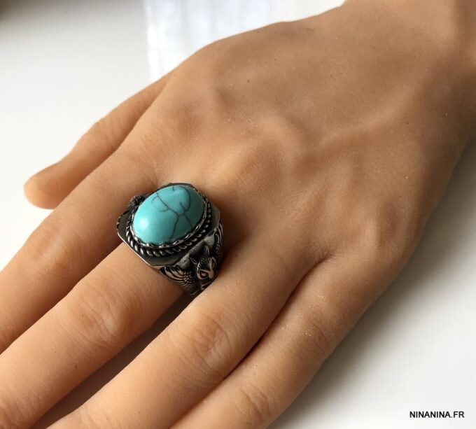 N7342d Chevaliere homme acier inoxydable pierre bleu turquoise - Bijoux Bagues en ligne Ninanina