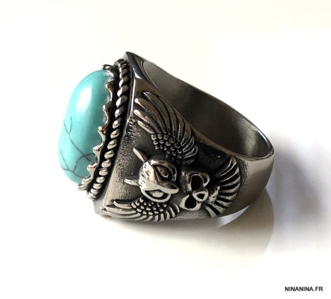 N7342e Chevaliere homme acier inoxydable pierre bleu turquoise - Bijoux Bagues en ligne Ninanina