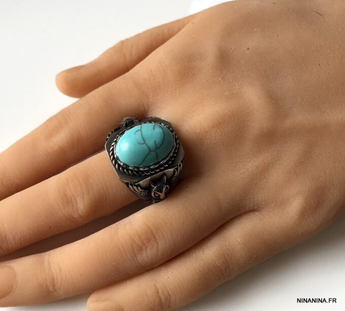 N7342f Chevaliere homme acier inoxydable pierre bleu turquoise - Bijoux Bagues en ligne Ninanina