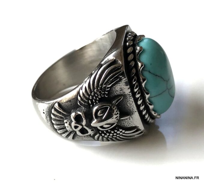 N7342g Chevaliere homme acier inoxydable pierre bleu turquoise - Bijoux Bagues en ligne Ninanina