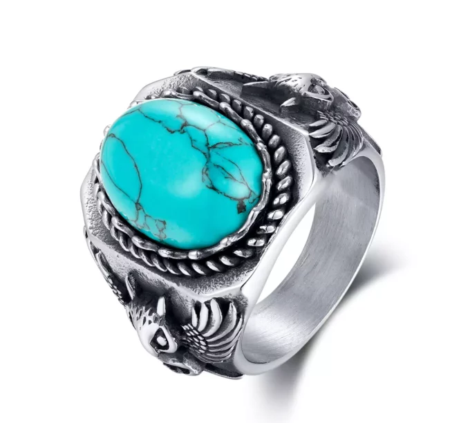 N7342j Chevaliere homme acier inoxydable pierre bleu turquoise - Bijoux Bagues en ligne Ninanina