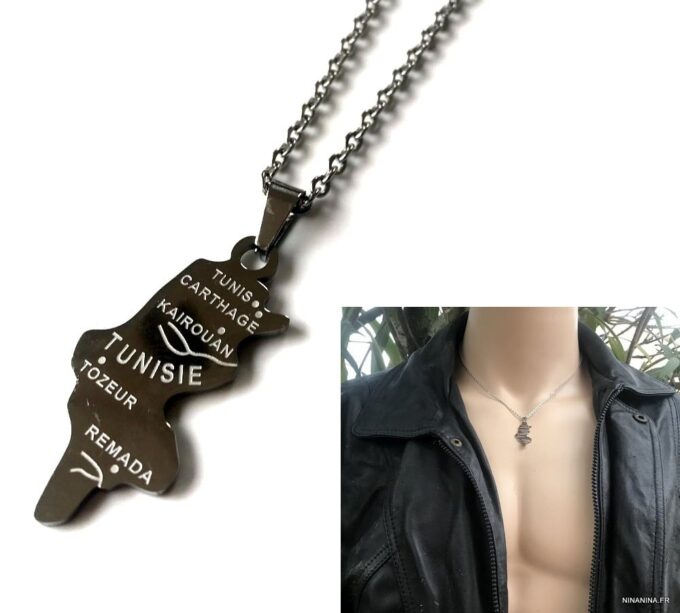 N7347b Collier Tunisie pour homme Acier Inoxydable argenté - Bijoux Colliers en ligne Ninanina