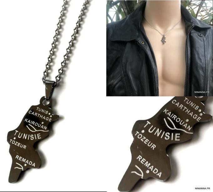 N7347f Collier Tunisie pour homme Acier Inoxydable argenté - Bijoux Colliers en ligne Ninanina