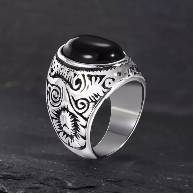 N7844d Bague Homme Pierre Noire Howlite Et Acier inoxydable - Bijoux Bagues en ligne Ninanina