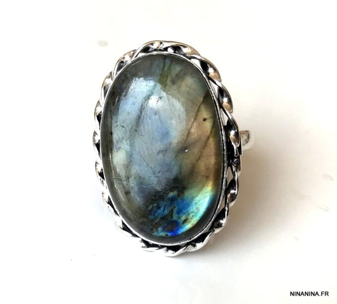 N7359h Grosse Bague Labradorite véritable cabochon forme ovale - Bijoux Bagues Femmes en ligne Ninanina