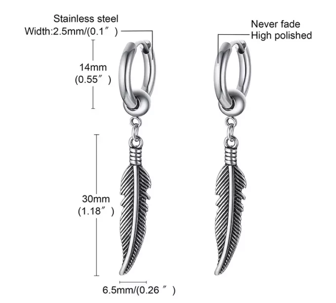 N7363a Boucle d'oreille plume homme creole Acier Inoxydable - Boucles d'oreilles en ligne Ninanina