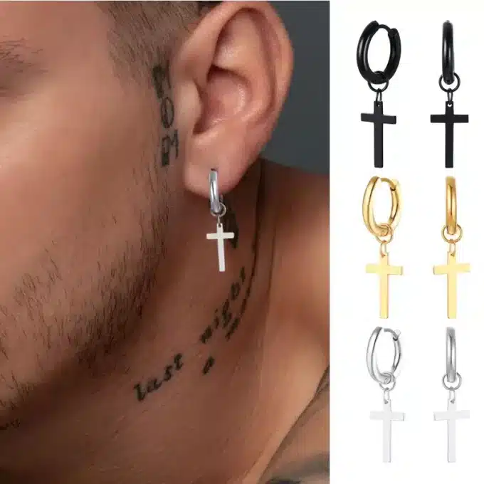 N7365b Boucle d'oreille homme croix Acier inoxydable - Bijoux Boucles d oreilles en ligne Ninanina