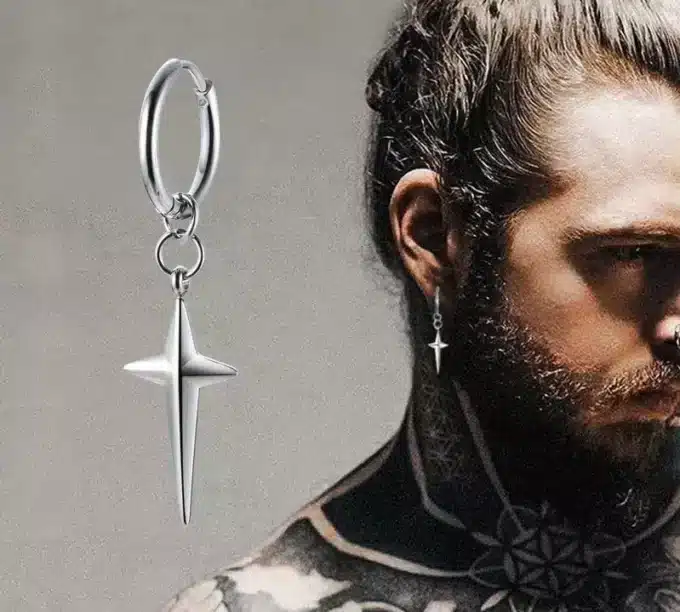 N7366 Creole avec croix quatre pointes Homme Acier Inoxydable - Boucles d'oreilles en ligne Ninanina