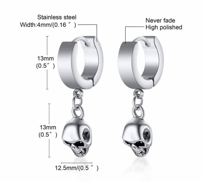 N7370a Boucle d'oreille tete de mort homme Acier Inoxydable - Boucles d'oreilles en ligne Ninanina