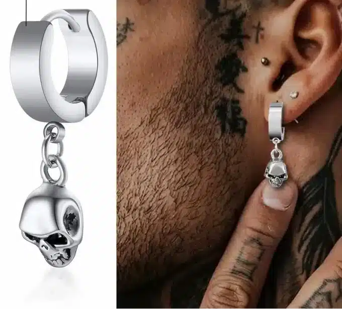 N7370b Boucle d'oreille tete de mort homme Acier Inoxydable - Boucles d'oreilles en ligne Ninanina
