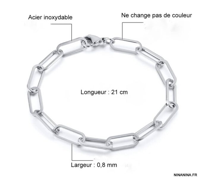 N7371a Bracelet maille trombone Homme Acier inoxydable argent - Bijoux Bracelets en ligne Ninanina
