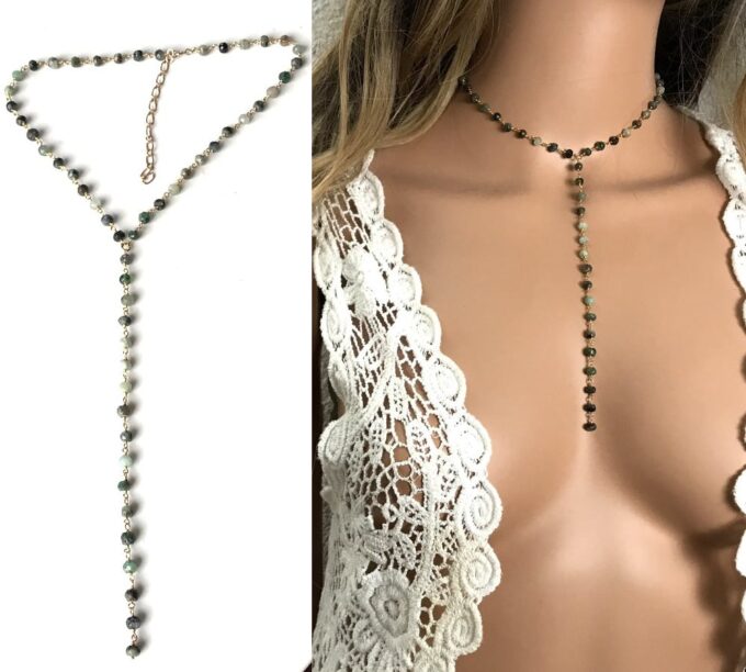 N7372d Collier en emeraude veritable forme cravate pour femme - Bijoux Colliers en ligne Ninanina