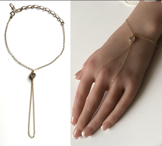 N7376 Bracelet bague chaine main zirconium plaqué or - Bijoux Bracelets en ligne Ninanina