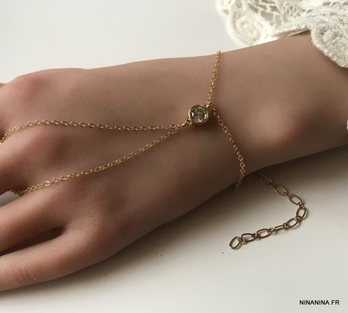 N7376a Bracelet bague chaine main zirconium plaqué or - Bijoux Bracelets en ligne Ninanina