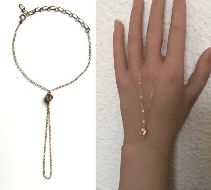 N7376c Bracelet bague chaine main zirconium plaqué or - Bijoux Bracelets en ligne Ninanina