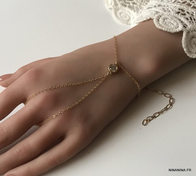 N7376d Bracelet bague chaine main zirconium plaqué or - Bijoux Bracelets en ligne Ninanina