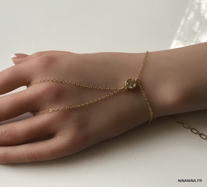N7376f Bracelet bague chaine main zirconium plaqué or - Bijoux Bracelets en ligne Ninanina