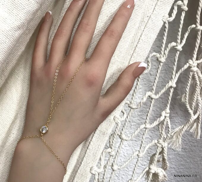 N7376k Bracelet bague chaine main zirconium plaqué or - Bijoux Bracelets en ligne Ninanina