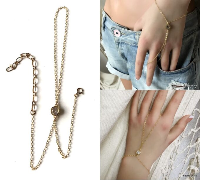 N7376m Bracelet bague chaine main zirconium plaqué or - Bijoux Bracelets en ligne Ninanina