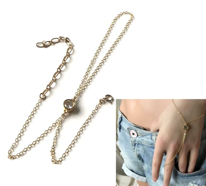 N7376n Bracelet bague chaine main zirconium plaqué or - Bijoux Bracelets en ligne Ninanina