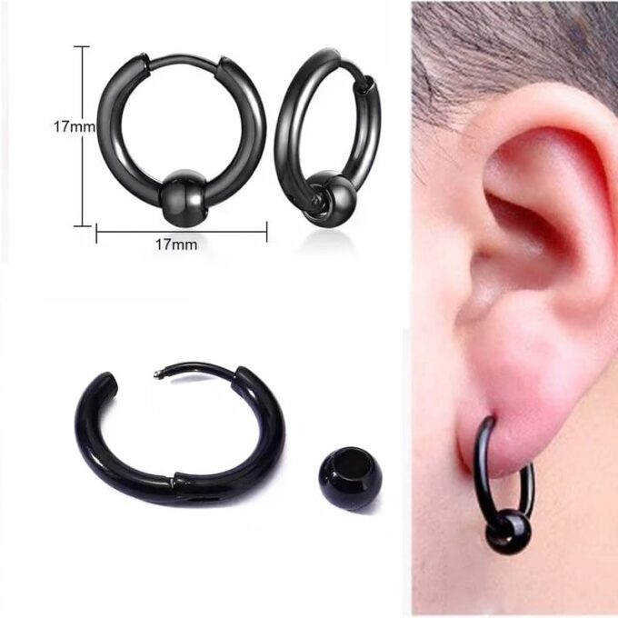 N7378B Boucle d'oreille noire homme anneau Acier Inoxydable - Bijoux Boucles d'oreilles en ligne Ninanina