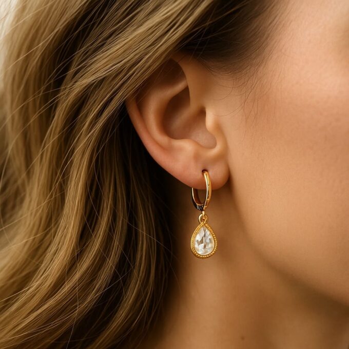 N7355 Creoles goutte oxyde de zirconium - Boucles d'oreilles en Acier inoxydable doré - Bijoux boucles d'oreille en ligne Ninanina