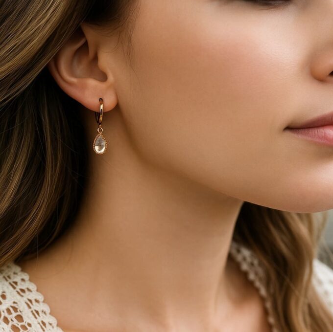 N7355b Creoles goutte oxyde de zirconium - Boucles d'oreilles en Acier inoxydable doré - Bijoux boucles d'oreille en ligne Ninanina