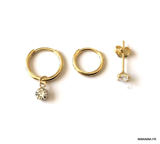 N7400f Boucle d'oreille 3 trou argent plaqué or et zirconium - Bijoux Boucles d'oreilles en ligne Ninanina