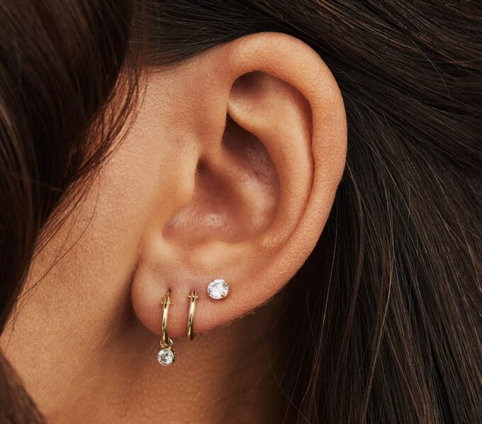N7400g Boucle d'oreille 3 trou argent plaqué or et zirconium - Bijoux Boucles d'oreilles en ligne Ninanina