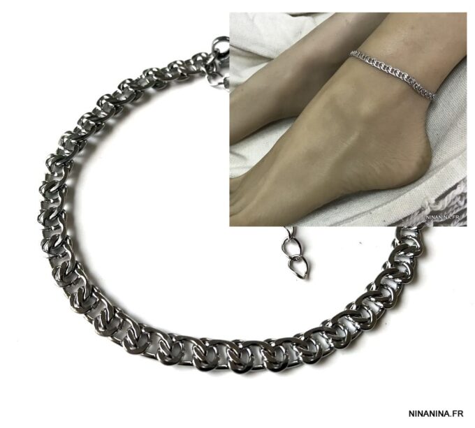 N7411a Bracelet cheville femme acier inoxydable maille large - Bijoux de pied en ligne Ninanina