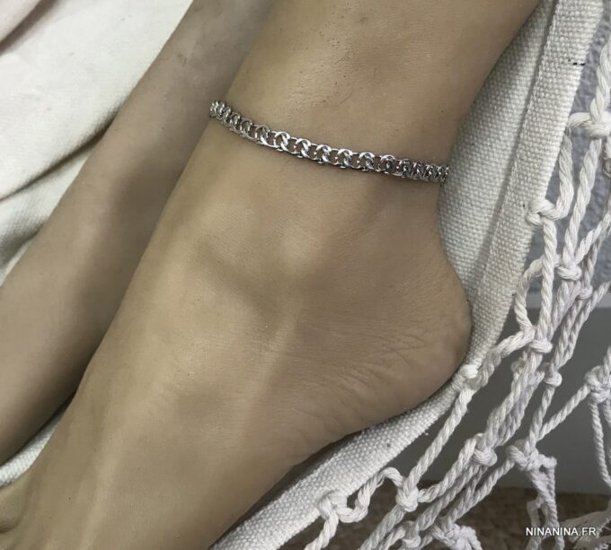 N7411b Bracelet cheville femme acier inoxydable maille large - Bijoux de pied en ligne Ninanina