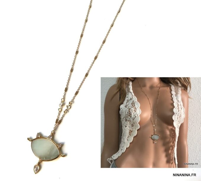 N7415b Collier oeil bleu long pendentif protecteur Amazonite zirconium - Bijoux Colliers en ligne Ninanina