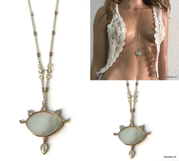 N7415d Collier oeil bleu long pendentif protecteur Amazonite zirconium - Bijoux Colliers en ligne Ninanina