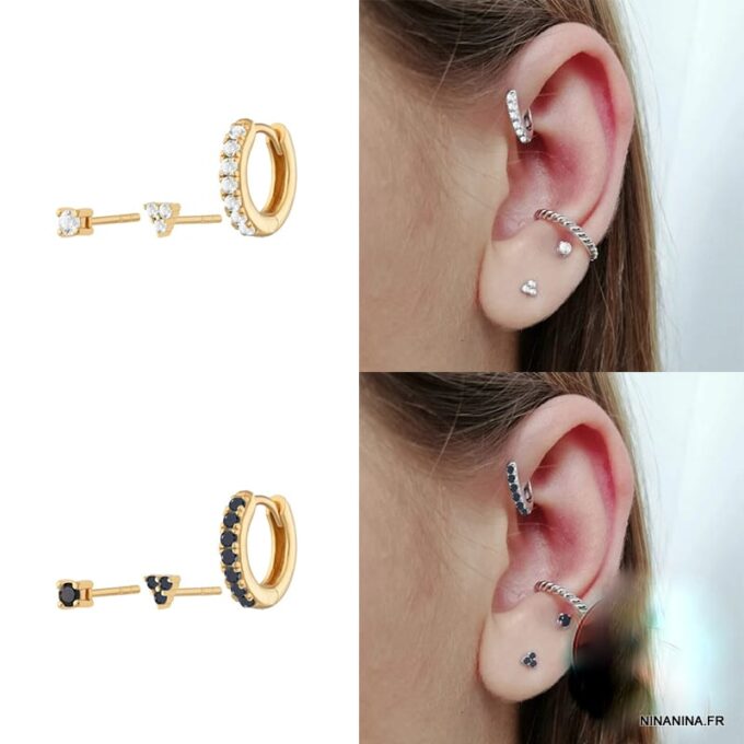 N7401b Boucle d'Oreille 3 Trous Argent 925 Oxyde Zirconium noir - Bijoux Boucles d'oreilles en ligne Ninanina