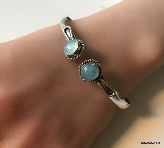 N7420 Jonc avec pierre de couleur bleu argent plaqué - Bijoux Bracelets en ligne Ninanina